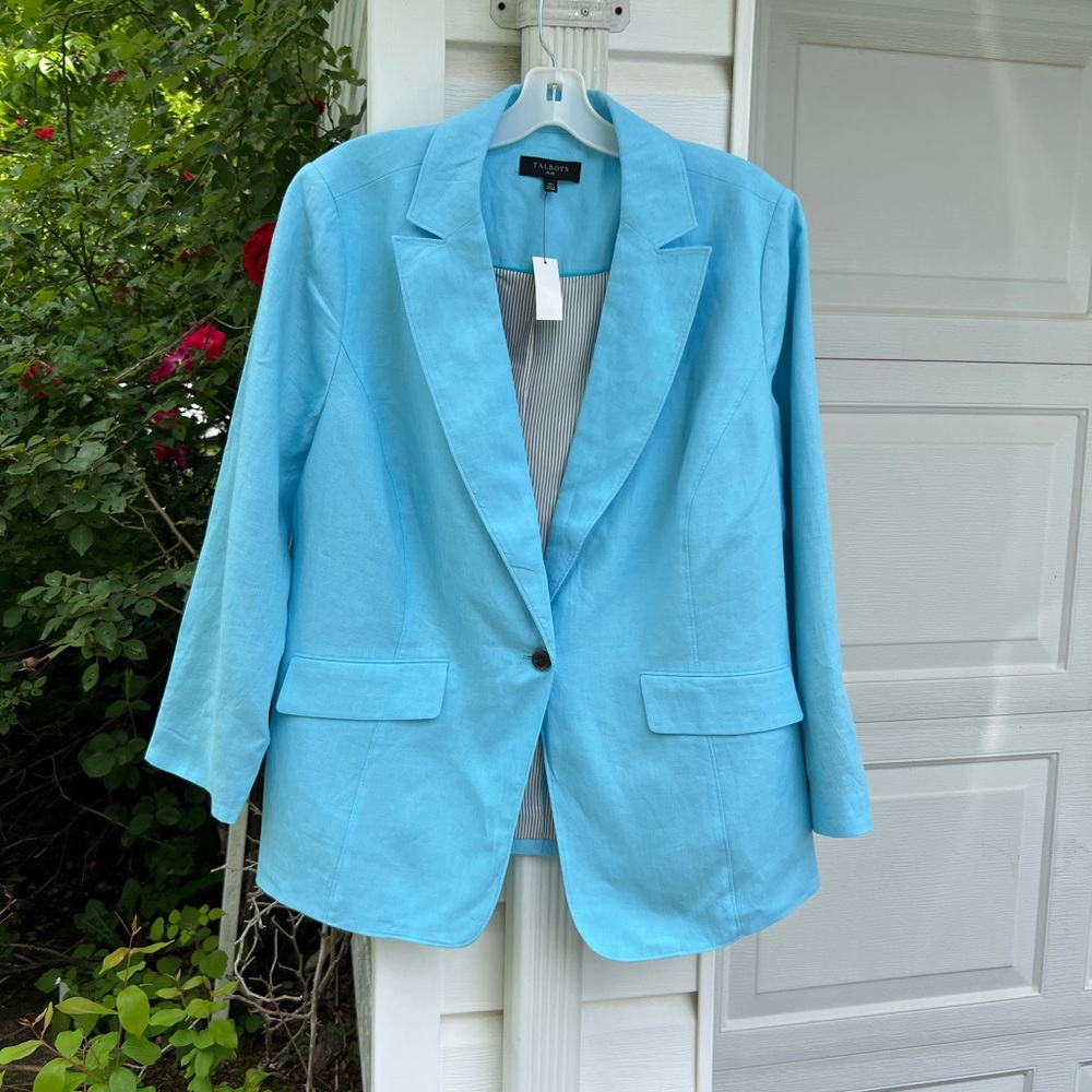 NWT Talbots Pretty Turquoise Blue Lined Linen Long Sleeve Blazer